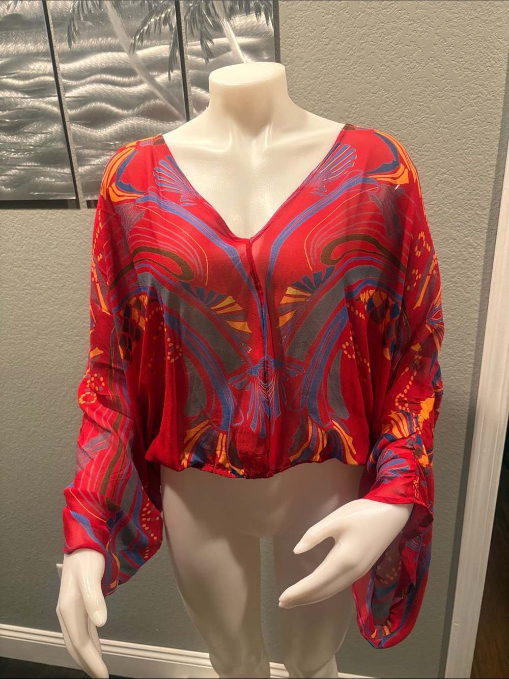 Free People Red Multicolor Printed Cropped Kimono Top